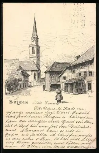Künstler-AK Bülach, Ortspartie mit Kirche
