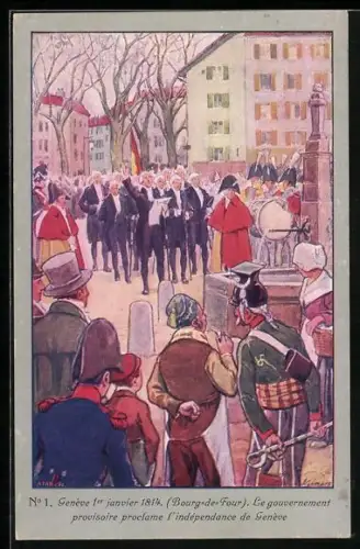 Künstler-AK Genève, Bour-de-Four, Le gouvernement provisoire provlame l`indépendance de Genève