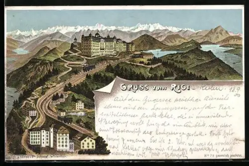 Lithographie Rigi, Panorama mit Bergbahn und Alpblick