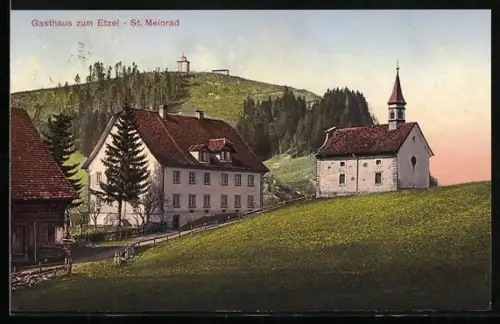 AK Einsiedeln, Gasthaus zum Etzel und St. Meinrad-Kapelle