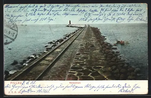 AK Pillau, Nordermole mit Leuchtturm