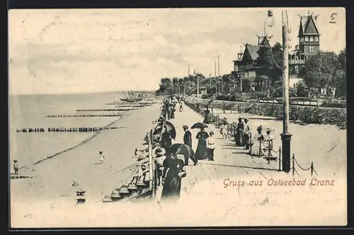 AK Cranz /Ostsee, Strand und Promenade mit Turmgebäuden