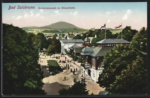 AK Bad Salzbrunn, Blick auf die Kurpromenade mit der Elisenhalle