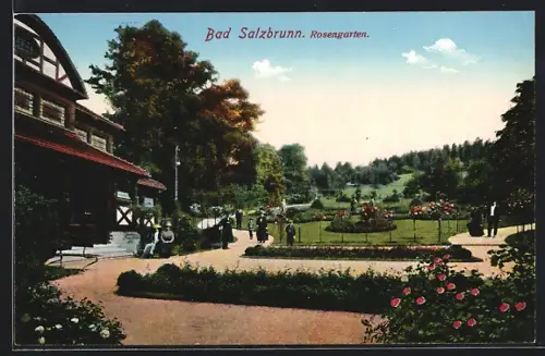 AK Bad Salzbrunn, Rosengarten mit Gebäude