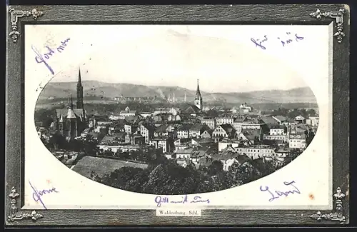AK Waldenburg /Schl., Ortsansicht mit Kirchen aus der Vogelschau, im Rahmen