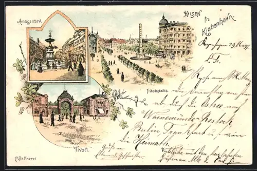 Lithographie Kjobenhavn, Frihedsstotten, Tivoli, Amagertorv