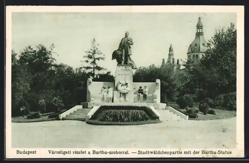 AK Budapest, Stadtwäldchen mit Bartha-Statue