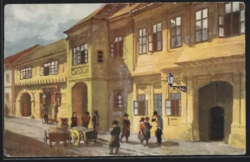 Künstler-AK Budapest, Országház-utcai részlet