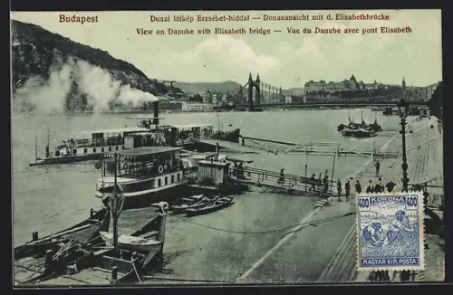 AK Budapest, Dunai látkép Erzsébet-hiddal