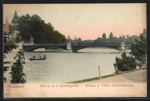 AK Budapest, Stadtwäldchen, Brücke und Teich
