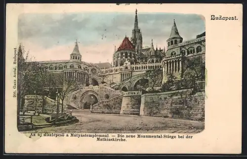 AK Budapest, Die neue Monumental-Stiege bei der Mathiaskirche