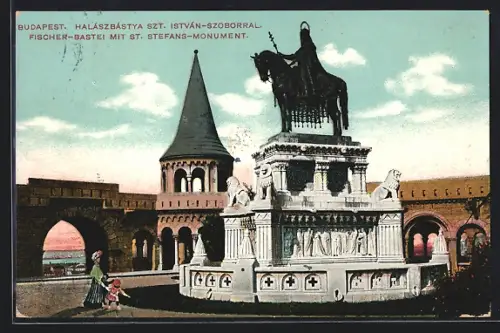 AK Budapest, Fischer-Bastei mit St. Stefans-Monument