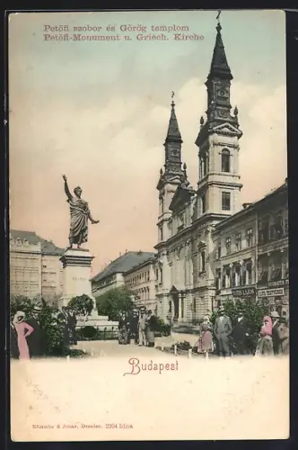 AK Budapest, Petöfi-Monument und Griechische Kirche