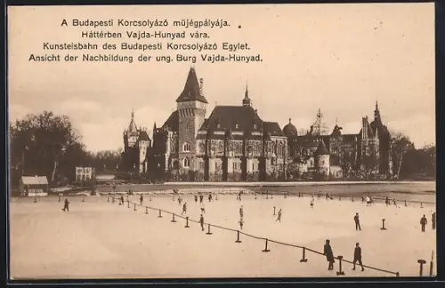 AK Budapest, Kunsteisbahn des Budapesti Korcsolyázó Egylet, Nachbildung der ung. Burg Vajda-Hunyad