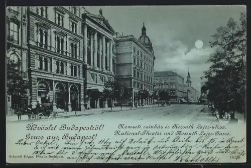 Mondschein-AK Budapest, National-Theater und Kossuth Lajos-Gasse