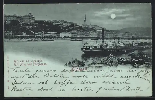 Mondschein-AK Budapest, Königliche Burg und Burgbazar