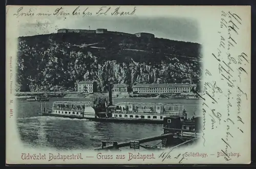 Mondschein-AK Budapest, Blocksberg, im Vordergrund Raddampfer Hattyu