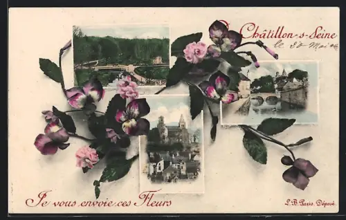 AK Chatillon-s-Seine, Je vous envoie ces Fleurs, Montage mit Postkartenmotiven und Blumen