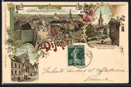 Lithographie Dijon, Palais de Justice, Place des Ducs et Eglise Notre-Dame