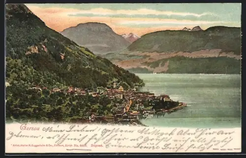 AK Gersau, Teilansicht mit Bergen