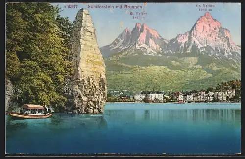 AK Brunnen, Teilansicht mit Schillerstein, Kl. Mythen u. Gr. Mythen