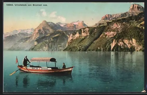 AK Brunnen, Blick auf Urirotstock mit Boot Maria