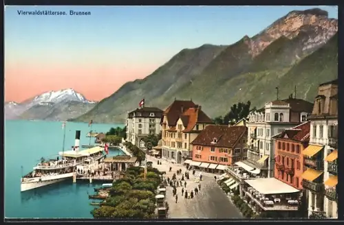 AK Brunnen /Vierwaldstättersee, Strassenpartie mit Hotel und Dampfer