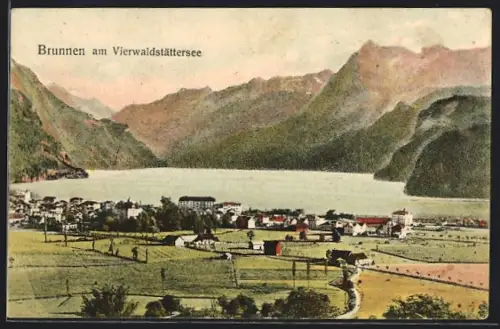 AK Brunnen am Vierwaldstättersee, Teilansicht mit Bergen