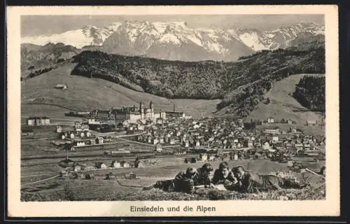 AK Einsiedeln, Teilansicht mit Kloster und den Alpen