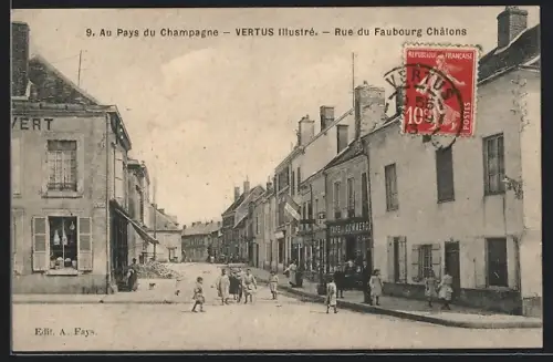 AK Vertus, Au Pays du Champagne, Rue du Faubourg Châlons, Strassenpartie