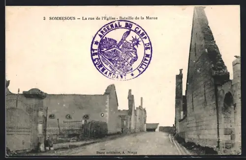 AK Sommesous, La rue de l`Eglise, Bataille de la Marne
