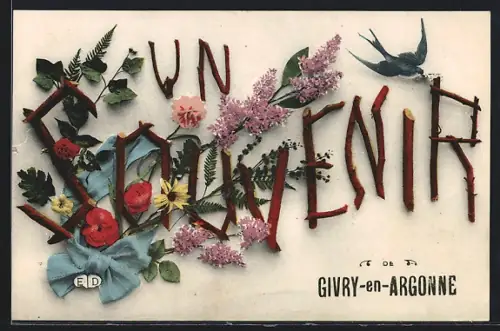 AK Givry-en-Argonne, Un Souvenier de Givry-en-Argonne avec des fleurs