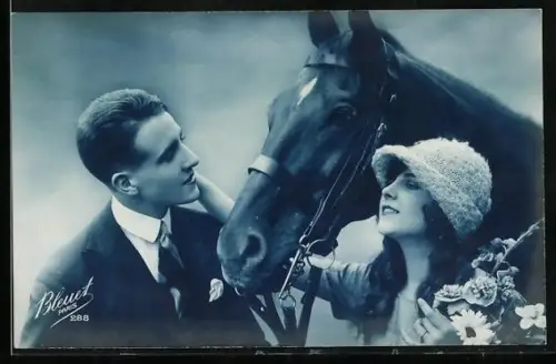 Foto-AK Bleuet Paris Nr. 288: Paar mit einem Pferd und Blumen
