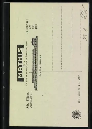 AK Mathis 10 HP, Frühes Automobil von oben gesehen