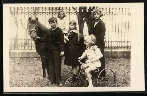 Foto-AK Kronprinz Otto von Österreich mit seinen Geschwistern und einem Pony