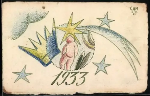 Künstler-AK Handgemalt sign. Camellini: Figur mit Sternenschnuppe und Krone, Futurismus 1933, Bauhaus