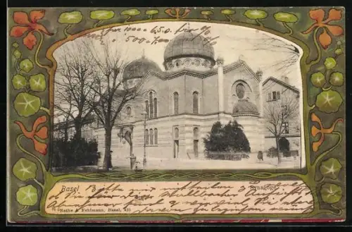 AK Basel, Blick zur Synagoge im Pflanzen-Passepartout