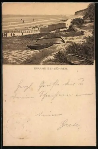 Vorläufer-Lithographie Göhren / Rügen, 1887, Boote auf den Dünen mit Blick zum Strand