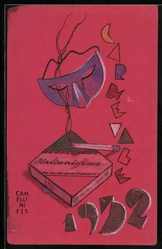Künstler-AK Handgemalt sign. Camellini: Carnevalmaske und Zigarettenbox im Bauhaus-Stil, Carneval 1932, Futurismus