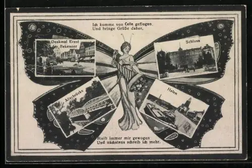 Schmetterling-AK Celle, Dame mit Schmetterlingsflügeln, Hafen, Schloss, Denkmal Ernst der Bekenner, Allerbrücke