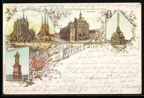 Vorläufer-Lithographie Erfurt, 1893, Dom & St. Severikirche, Rathaus, Lutherdenkmal
