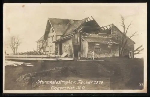 AK Eggersriet, Zerstörtes Haus nach der Sturmkatastrophe am 05. Januar 1919
