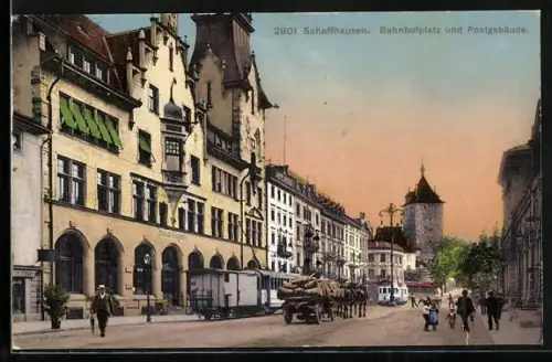 AK Schaffhausen, Bahnhofplatz und Postgebäude mit Strassenbahn