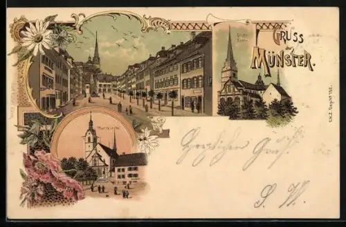Lithographie Münster /LU, Stiftskirche, Pfarrkirche und Ortspartie