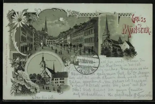 Mondschein-Lithographie Münster /LU, Pfarrkirche, Stiftskirche und Ortspartie