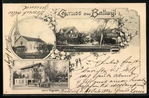 AK Ballwil, Dorfplatz, Kirche und Post- und Telegraphenamt