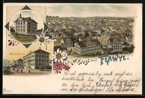 Lithographie Flawyl, Bahnhofstrasse, Schulhaus und Ortsansicht
