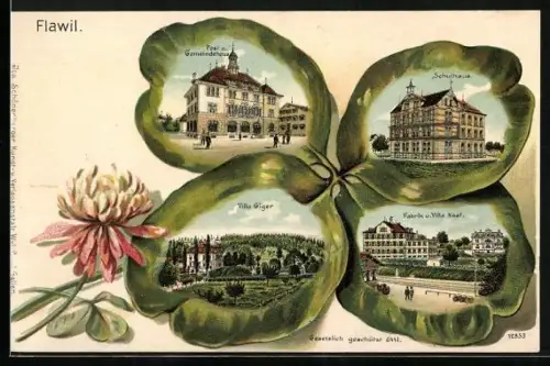 Lithographie Flawil, Post und Gemeindehaus, Villa Giger, Fabrik u. Villa Naef, Schulhaus im Kleeblatt-Passepartout