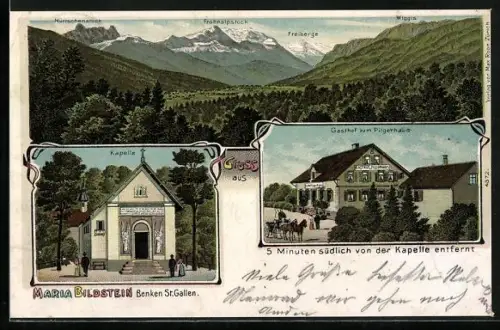 Lithographie Benken /St.Gallen, Kapelle Maria Bildstein, Gasthof zum Pilgerhaus, Gipfelpanorama