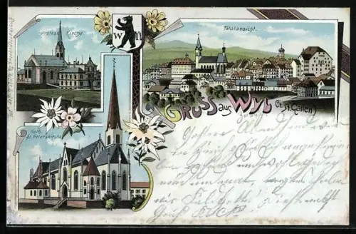 Lithographie Wyl /SG, Protestantische Kirche, Katholische St. Peterskirche, Totalansicht